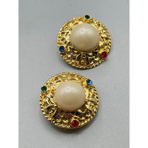 Pearls & Rhinestones Clip Earrings Gold Tone Round Domed Buttons Red Green Blue - Picture 2 of 5